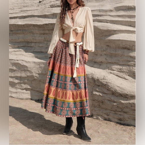 Boho Printed Western Midi Skirt With Belt - Picture 4 of 6